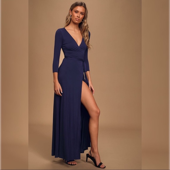 Lulus Dresses & Skirts - NEW Lulus Garden District Women's Navy Blue Wrap Maxi Dress size M Stretch W